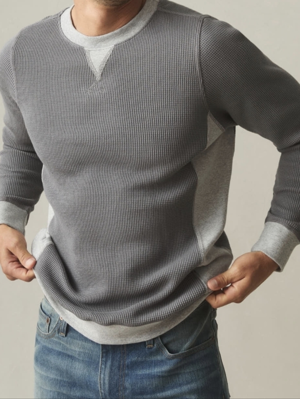 American Giant Gray Waffle Thermal Long-Sleeve Shirt with Light Gray Trim